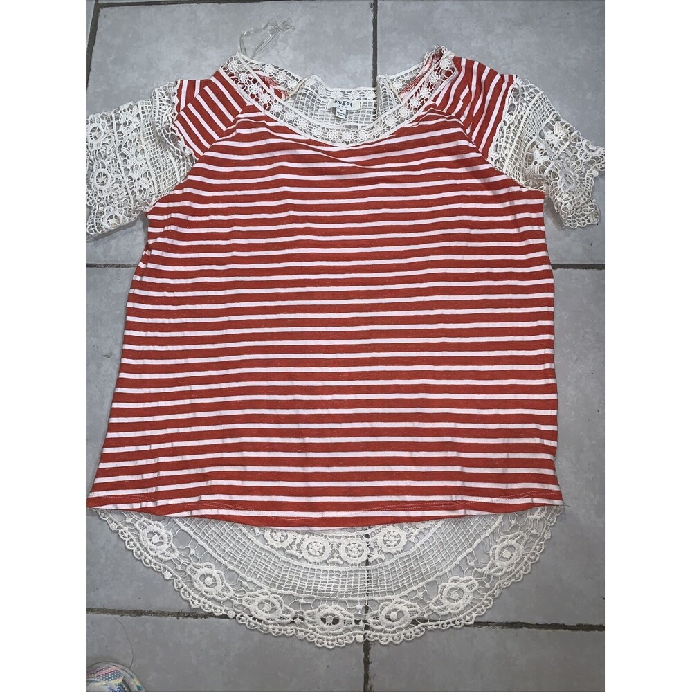 UMGEE Tops Crochet  Medium Women  Boho Shirt Striped Short Sleeve High/Low Red